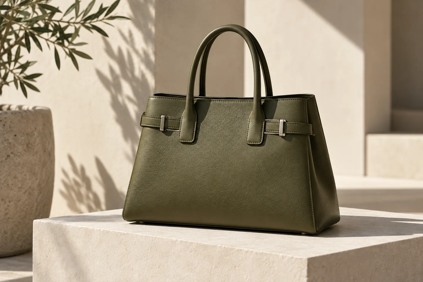 Olive leather handbag on a stone plinth in natural light
