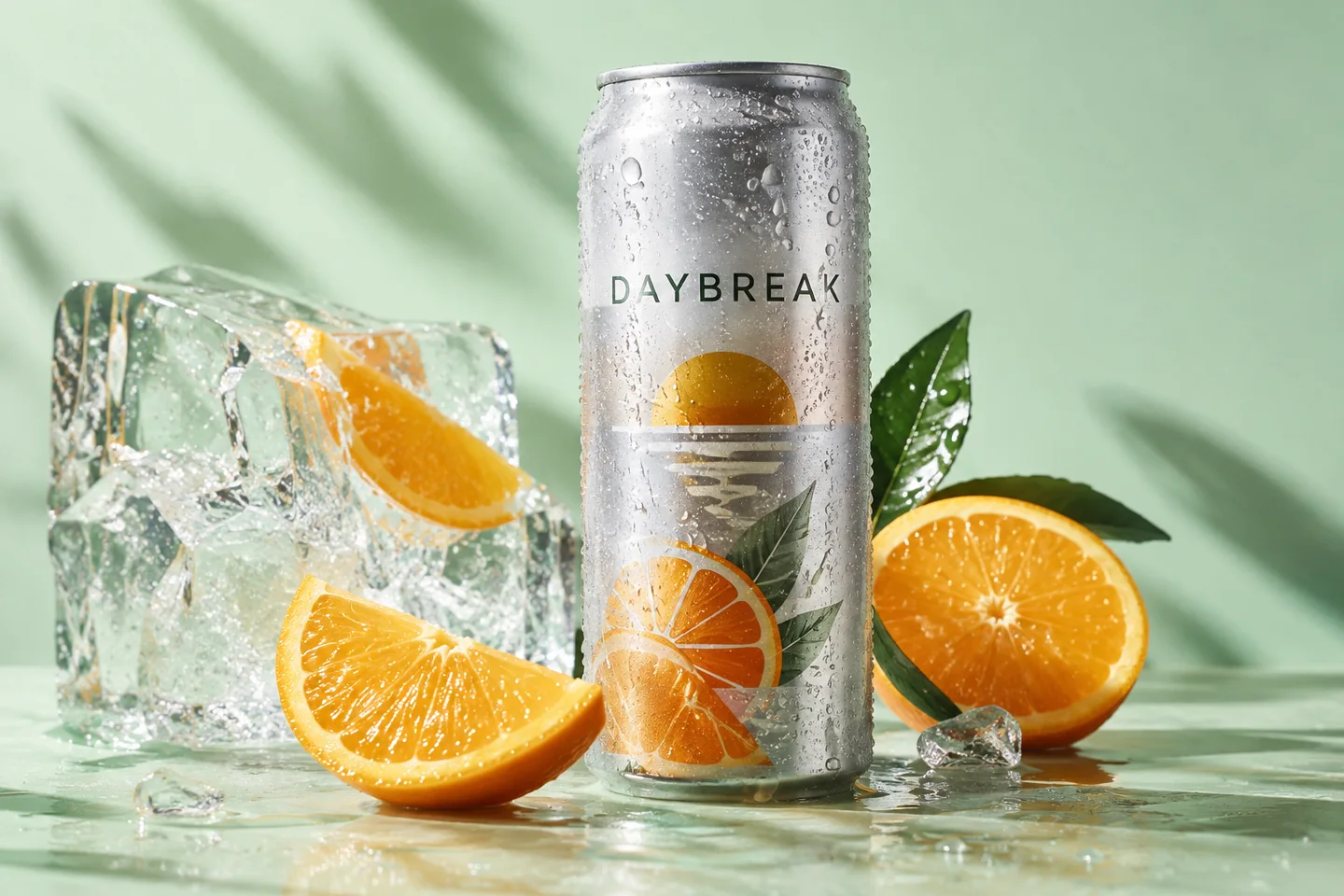 Fictional DAYBREAK citrus drink can with condensation, citrus and clear ice