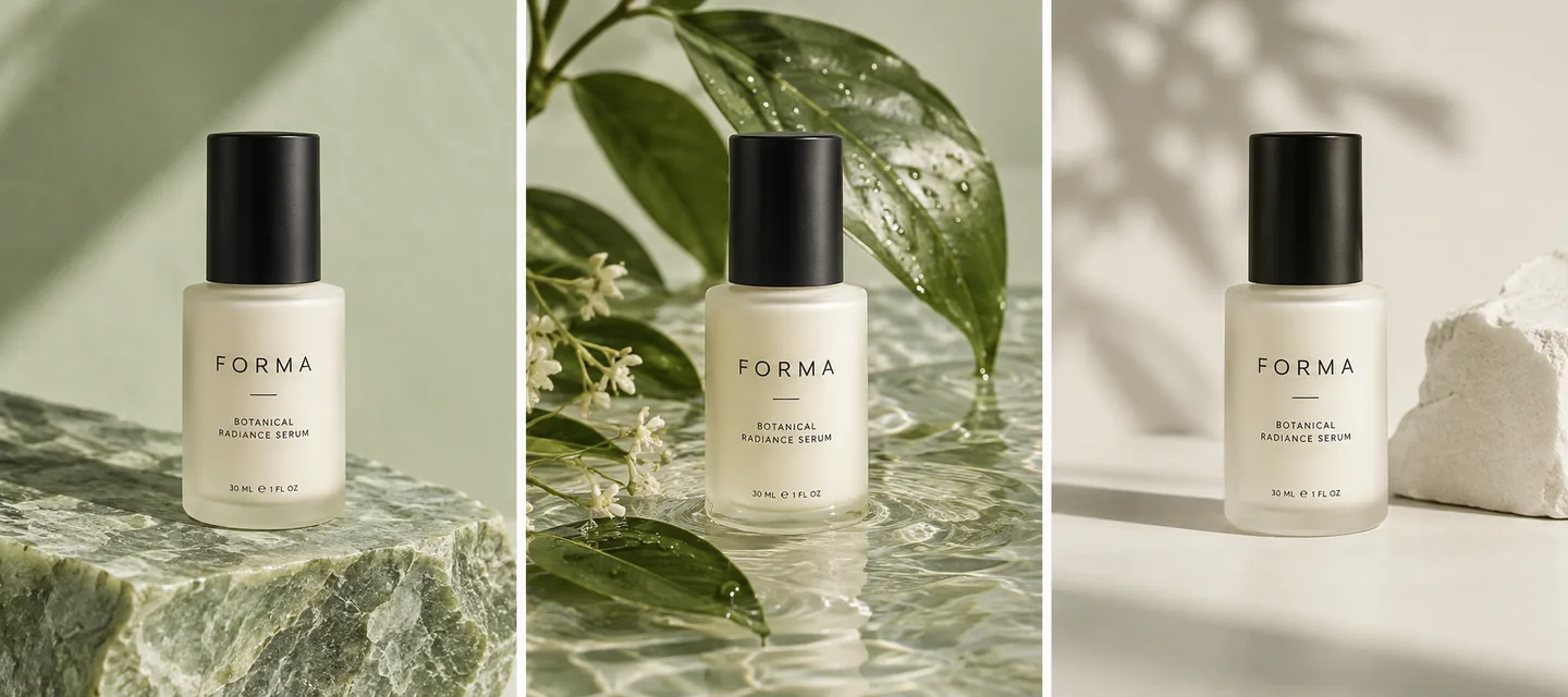 Three conceptual FORMA product scenes sharing an ivory and green visual style