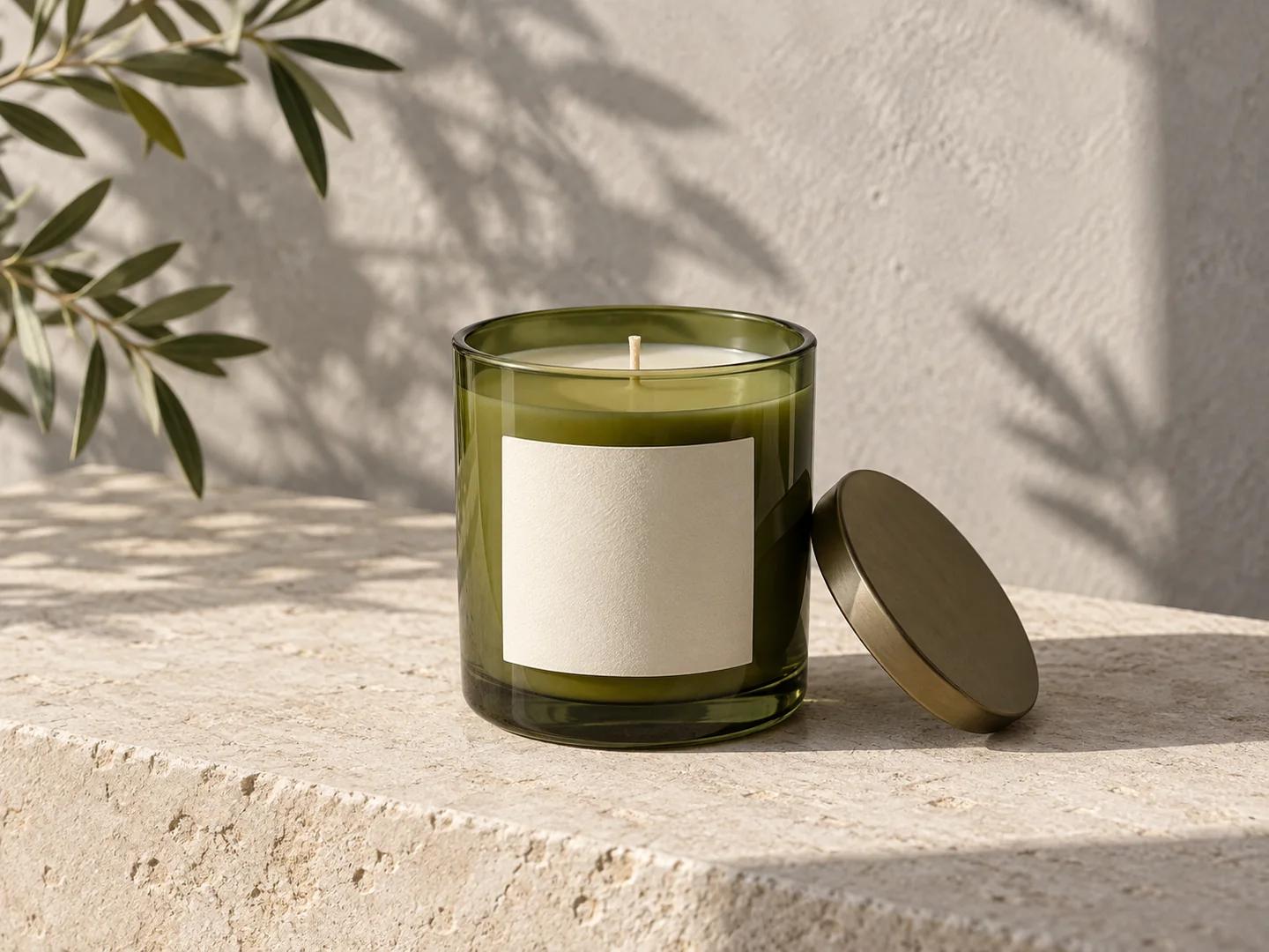 Fictional unlit olive glass candle with ivory wax and a blank label on a stone ledge