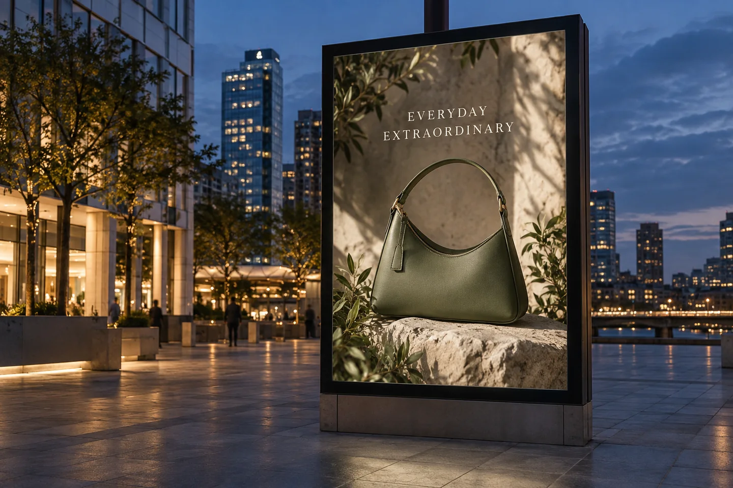 Conceptual handbag campaign displayed on a city billboard at dusk