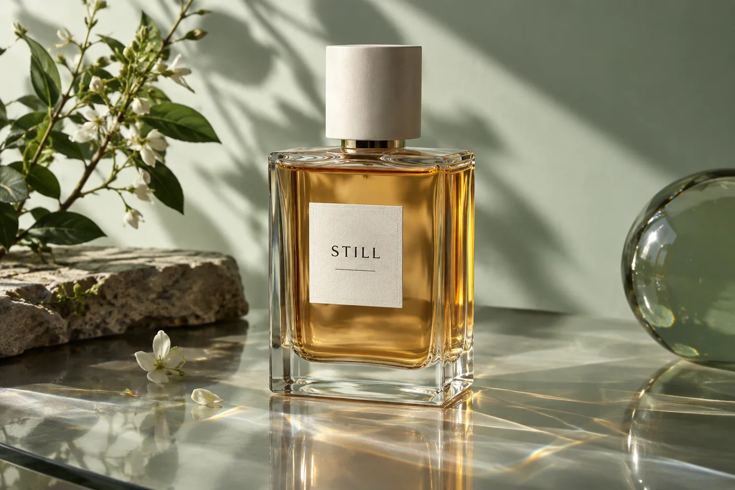 Fictional STILL fragrance bottle with amber liquid and reflected light