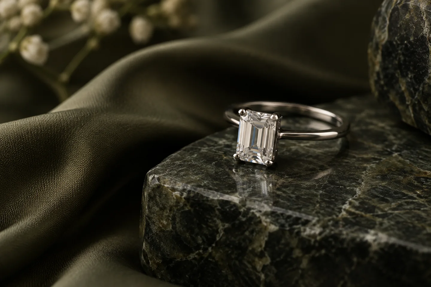 Silver ring with a clear stone on olive fabric and textured stone