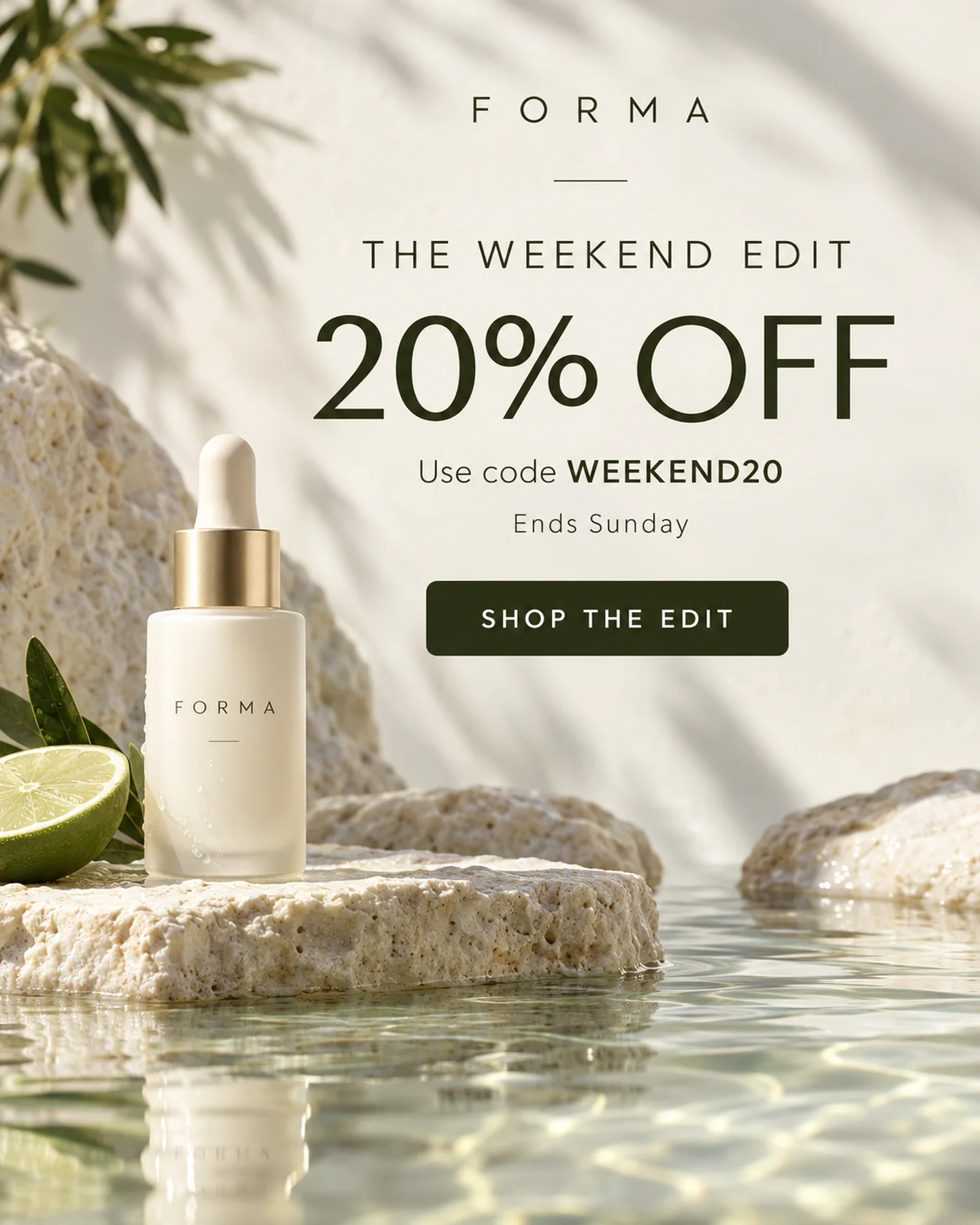 Fictional FORMA weekend sale poster with a 20 percent offer and campaign code