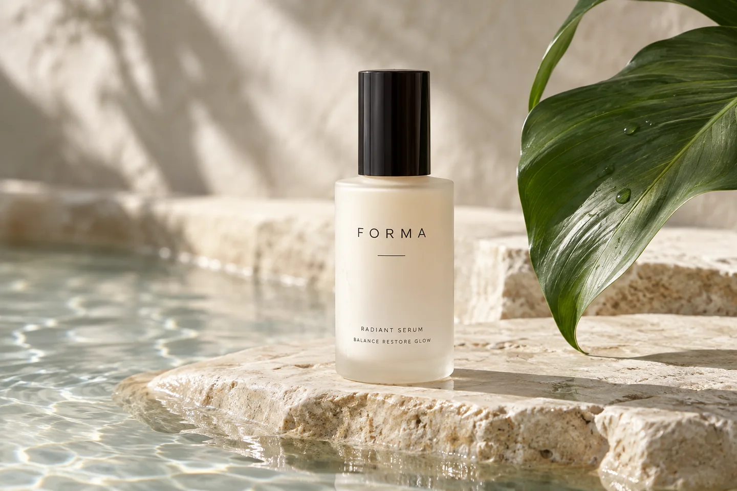 Fictional FORMA serum bottle on stone with water and botanical leaves